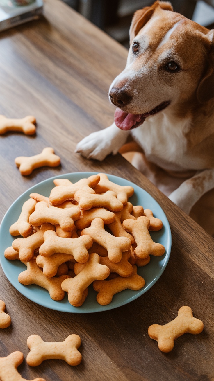 A plate of dog cookies shaped like bones made with sweet potato and pumpkin, with a happy dog looking at them.